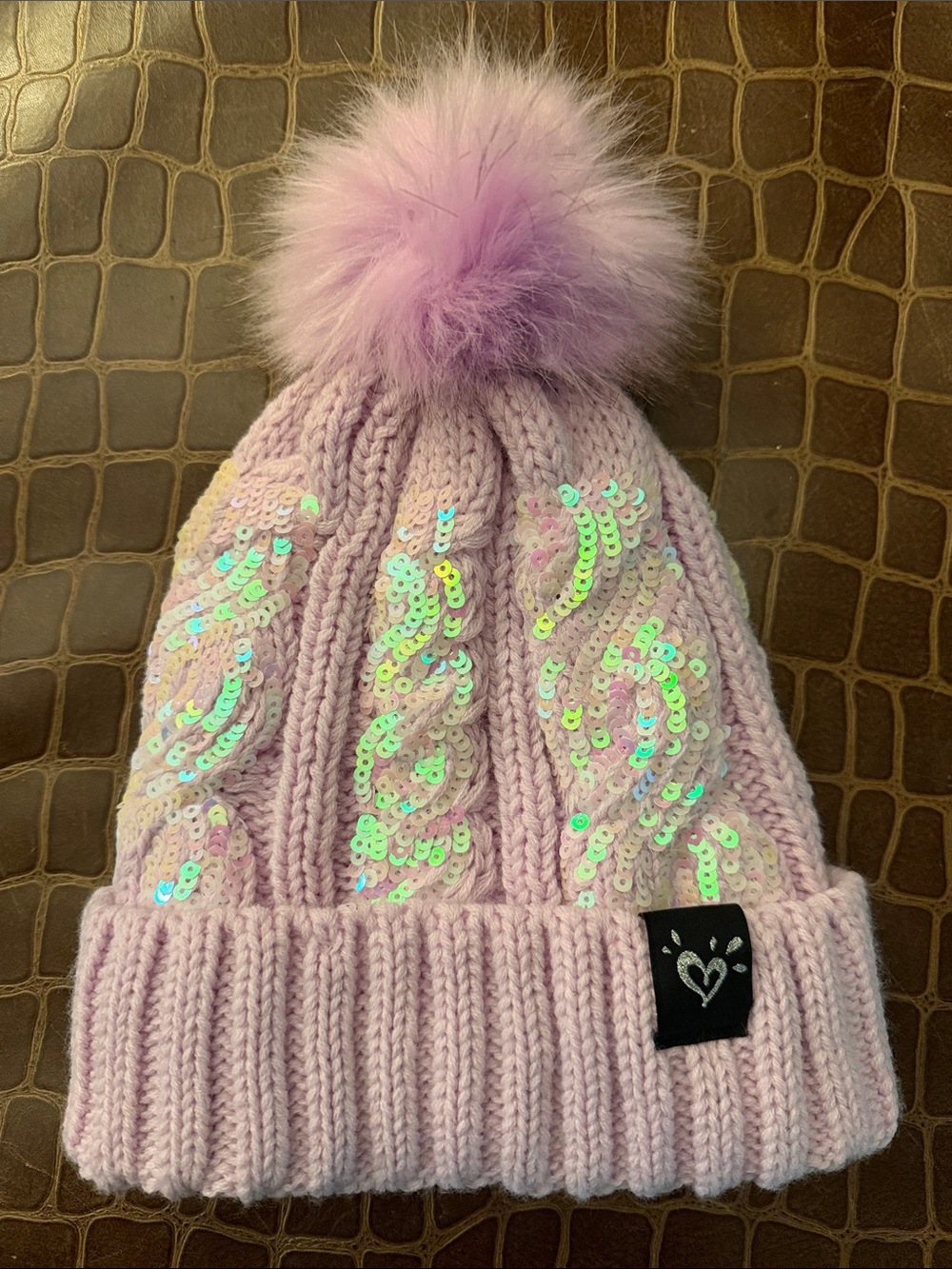 Kids Pink Sequin Pom Beanie Hat